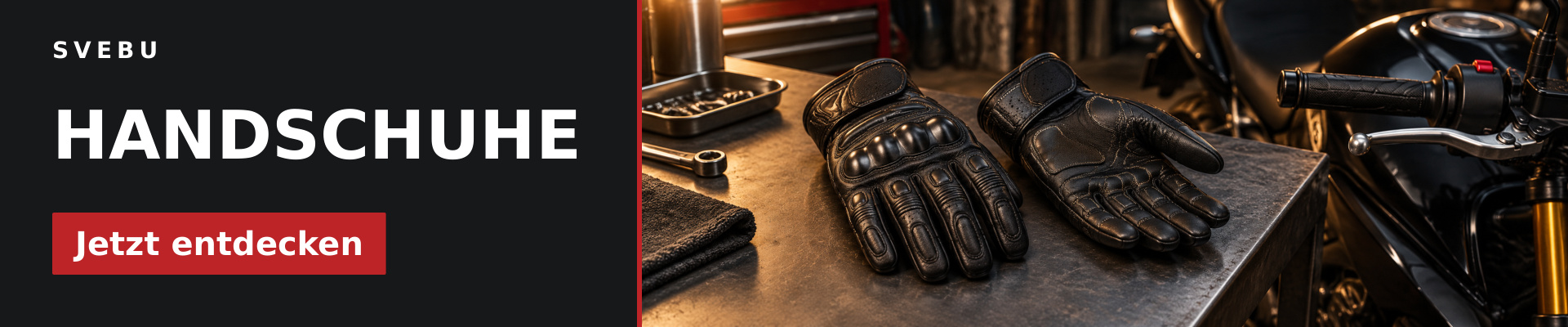 Handschuhe bei SVEBU entdecken – ein Paar schwarze Motorradhandschuhe auf einer Werkbank; KI-generiertes Symbolbild.