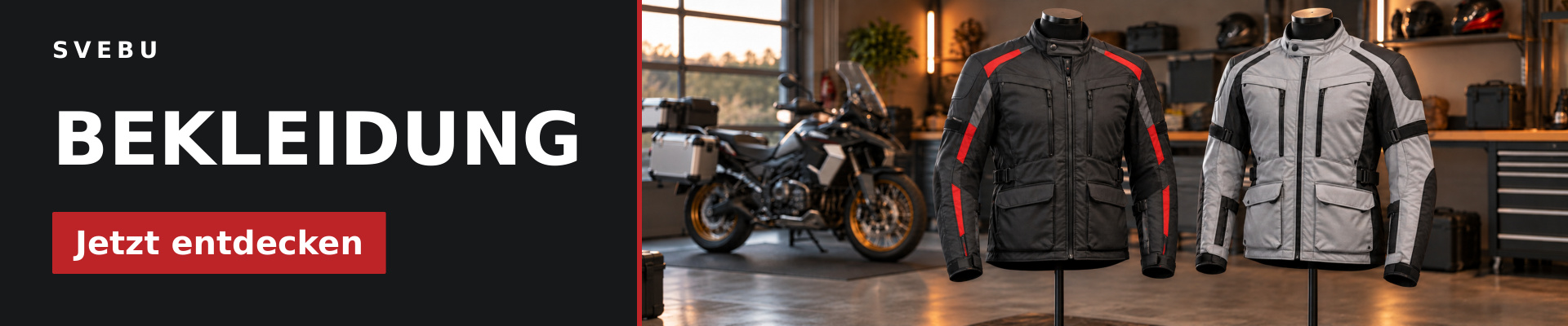 Bekleidung bei SVEBU entdecken – zwei Motorrad-Textiljacken auf Präsentationsständern; KI-generiertes Symbolbild.