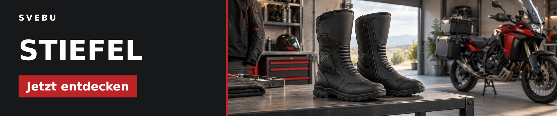 Stiefel bei SVEBU entdecken – zwei schwarze Motorradstiefel auf einer Werkbank; KI-generiertes Symbolbild.